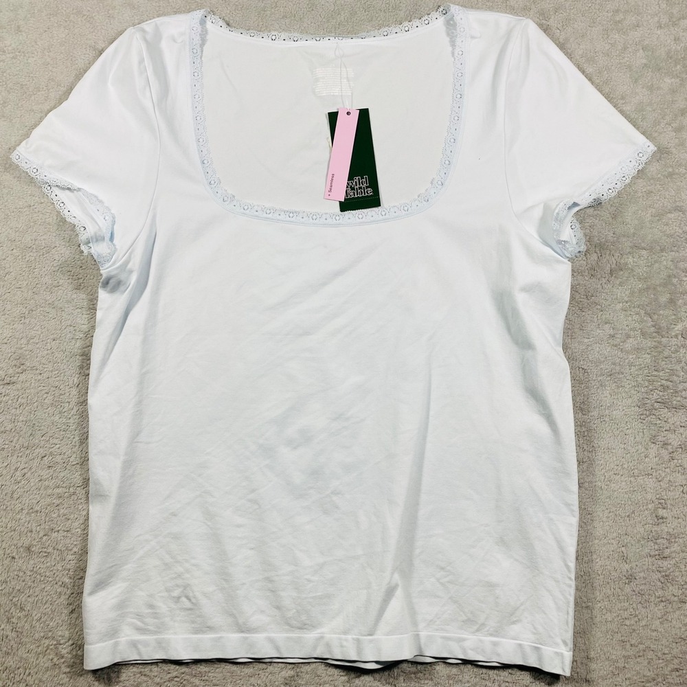 Wild Fable Seamless Top Women 2X Lace Little Blue‎ Trim Square Neck Short Sleeve